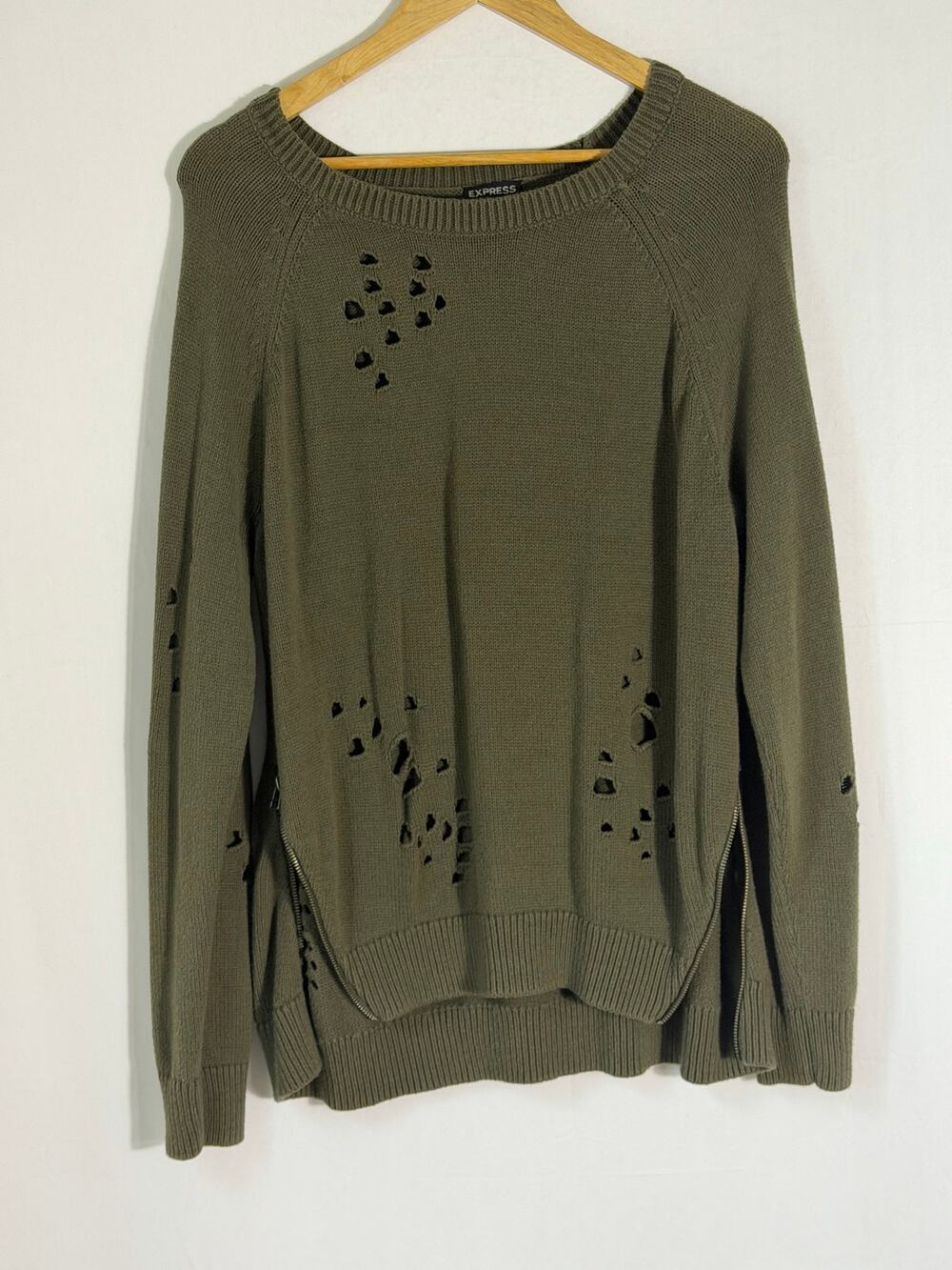 Express Distressed Zip Hem Knit Sweater Olive Green Large